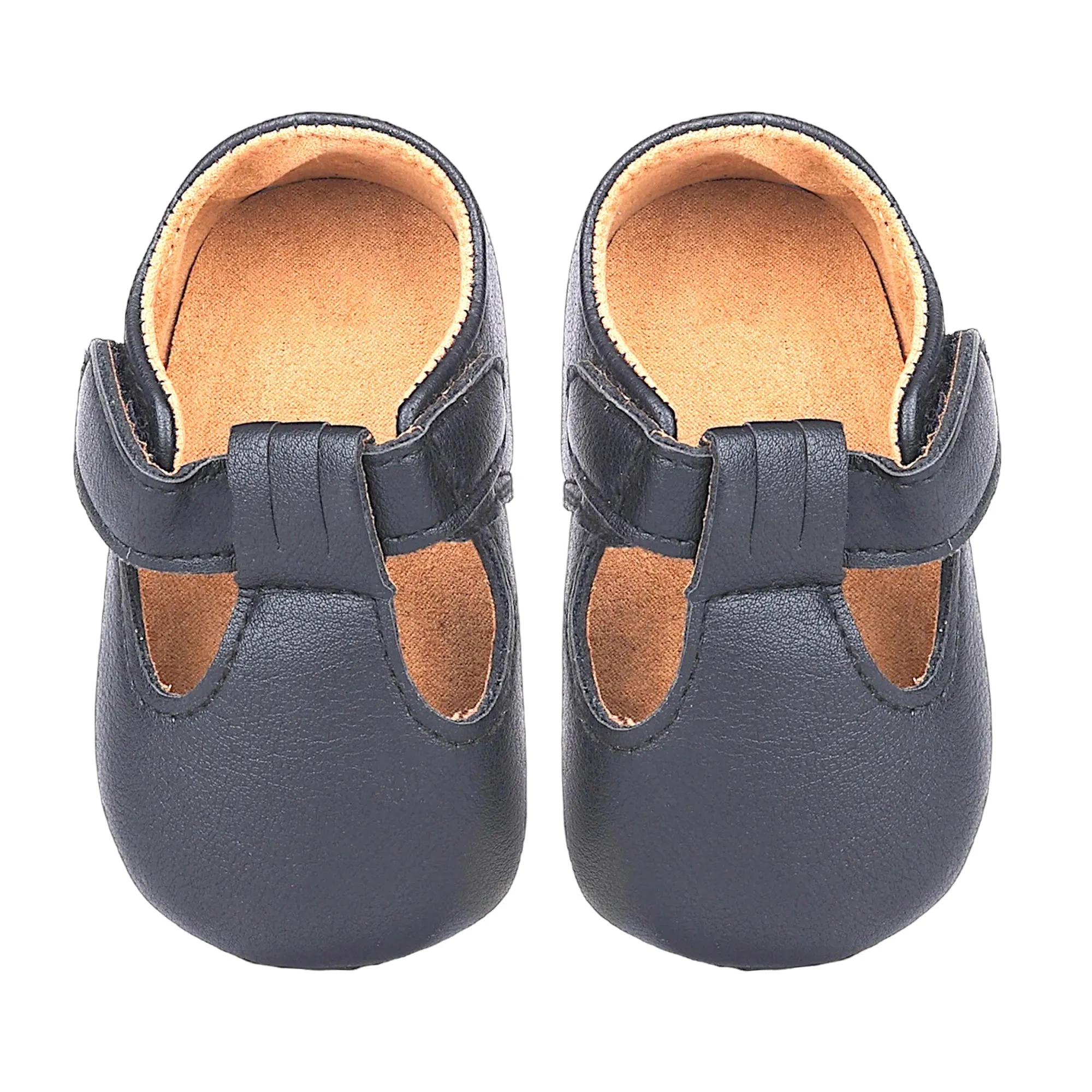 Baby Moo Vintage Vegan Leather T-Strap Anti-Skid Ballerina Pram Shoes - Black