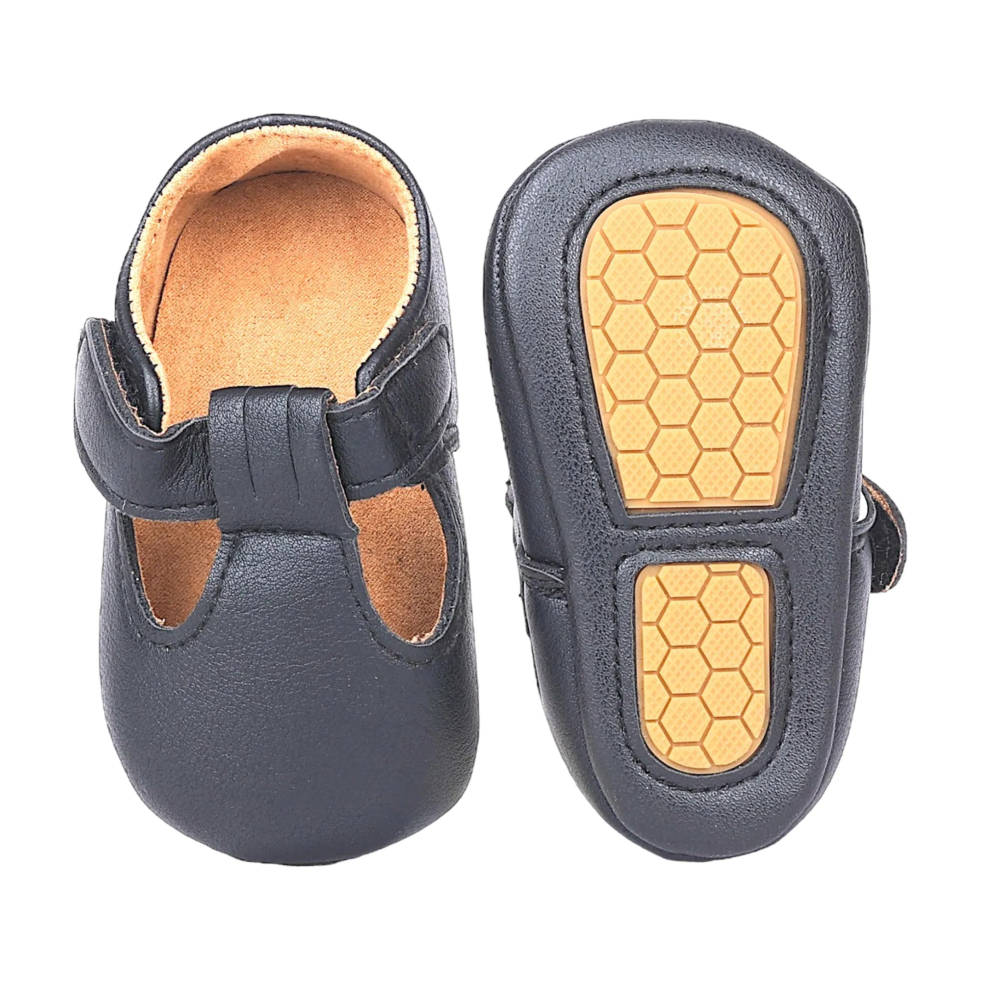 Baby Moo Vintage Vegan Leather T-Strap Anti-Skid Ballerina Pram Shoes - Black