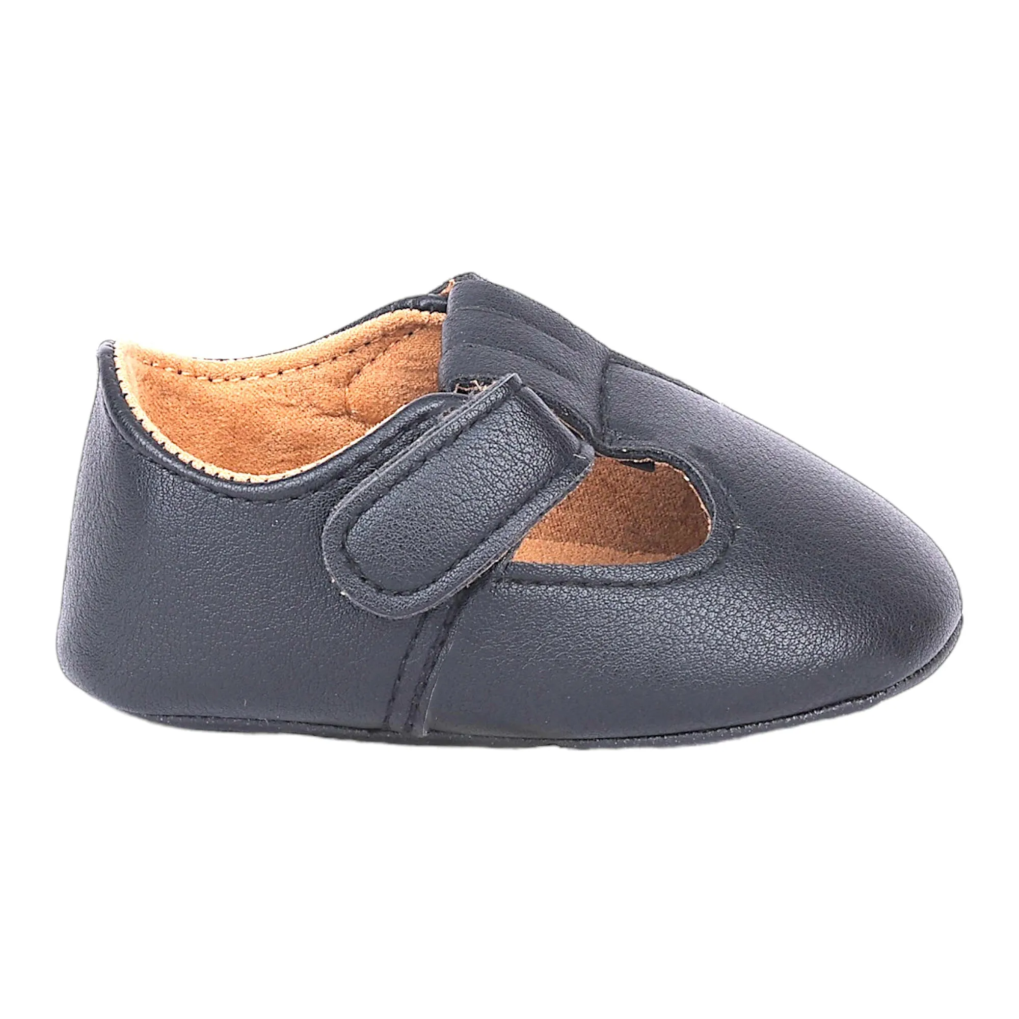 Baby Moo Vintage Vegan Leather T-Strap Anti-Skid Ballerina Pram Shoes - Black