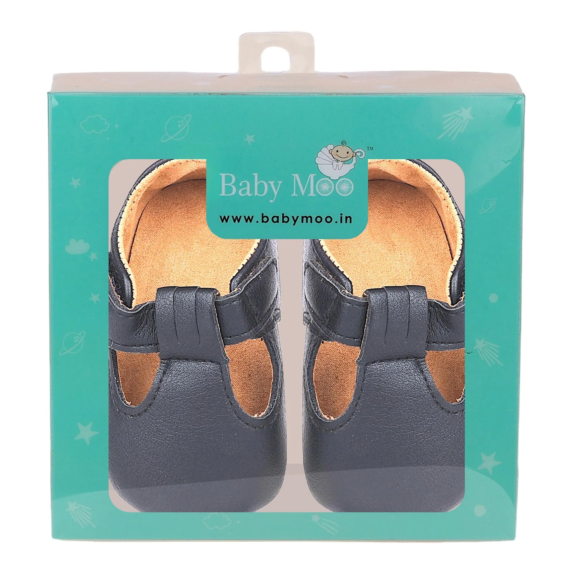 Baby Moo Vintage Vegan Leather T-Strap Anti-Skid Ballerina Pram Shoes - Black