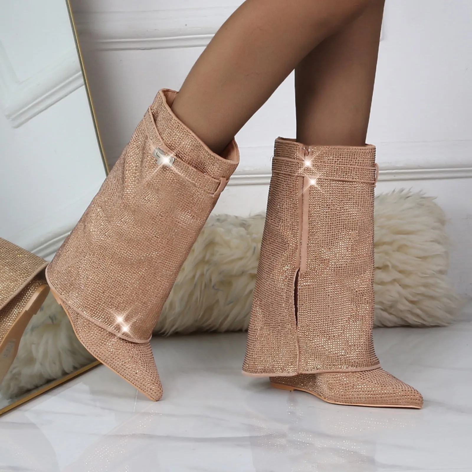 Bronte Rhinestone Fold-over Ankle Boots
