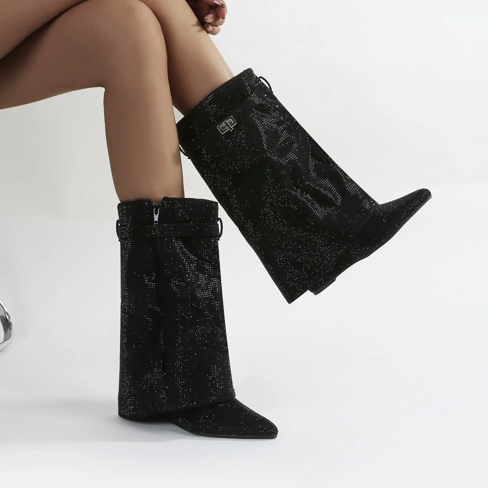 Bronte Rhinestone Fold-over Ankle Boots