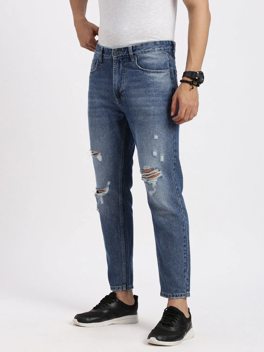 Men Blue Comfort Low-Rise Highly Distressed Heavy Fade Acid Wash Jeans