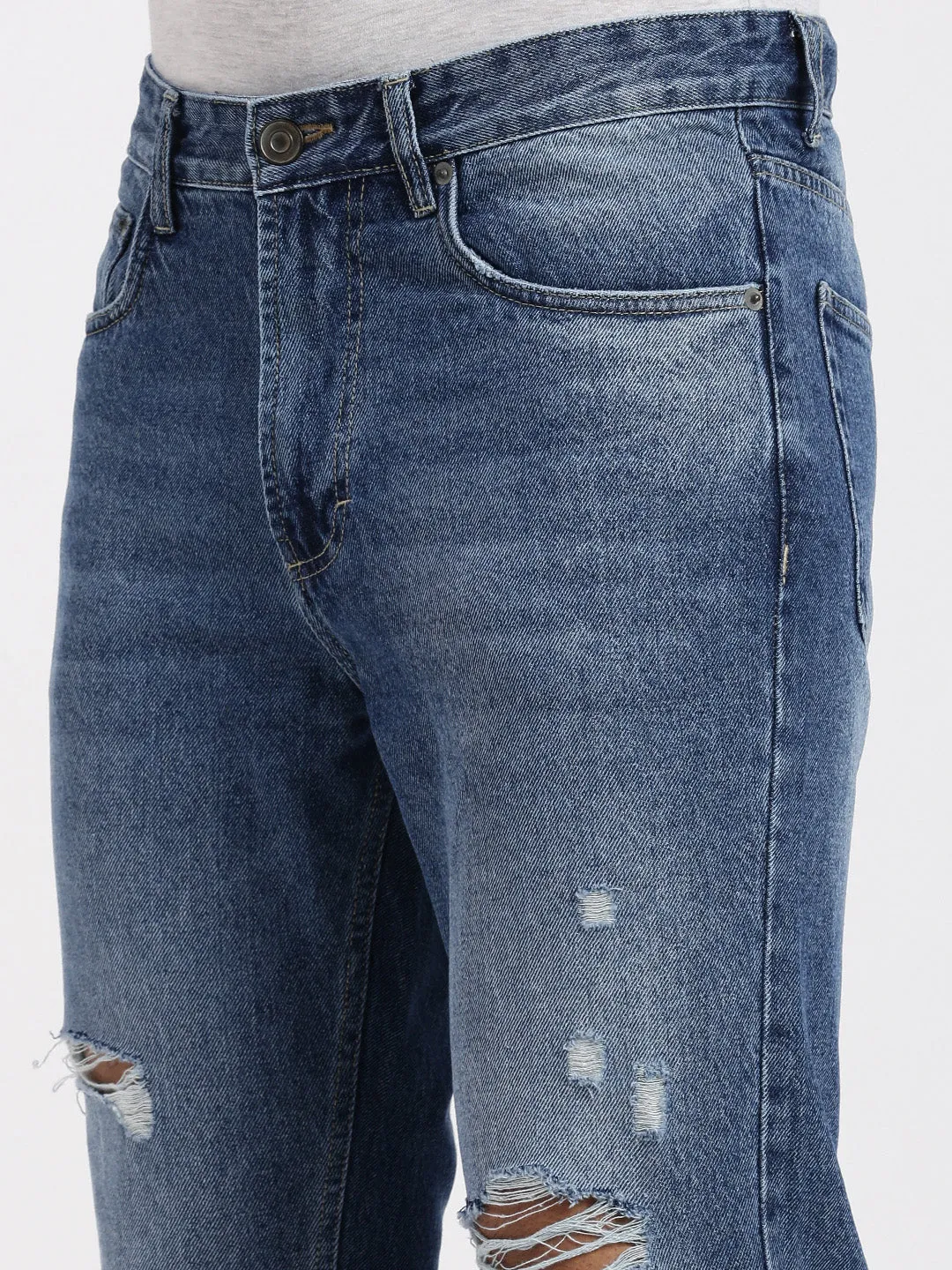 Men Blue Comfort Low-Rise Highly Distressed Heavy Fade Acid Wash Jeans