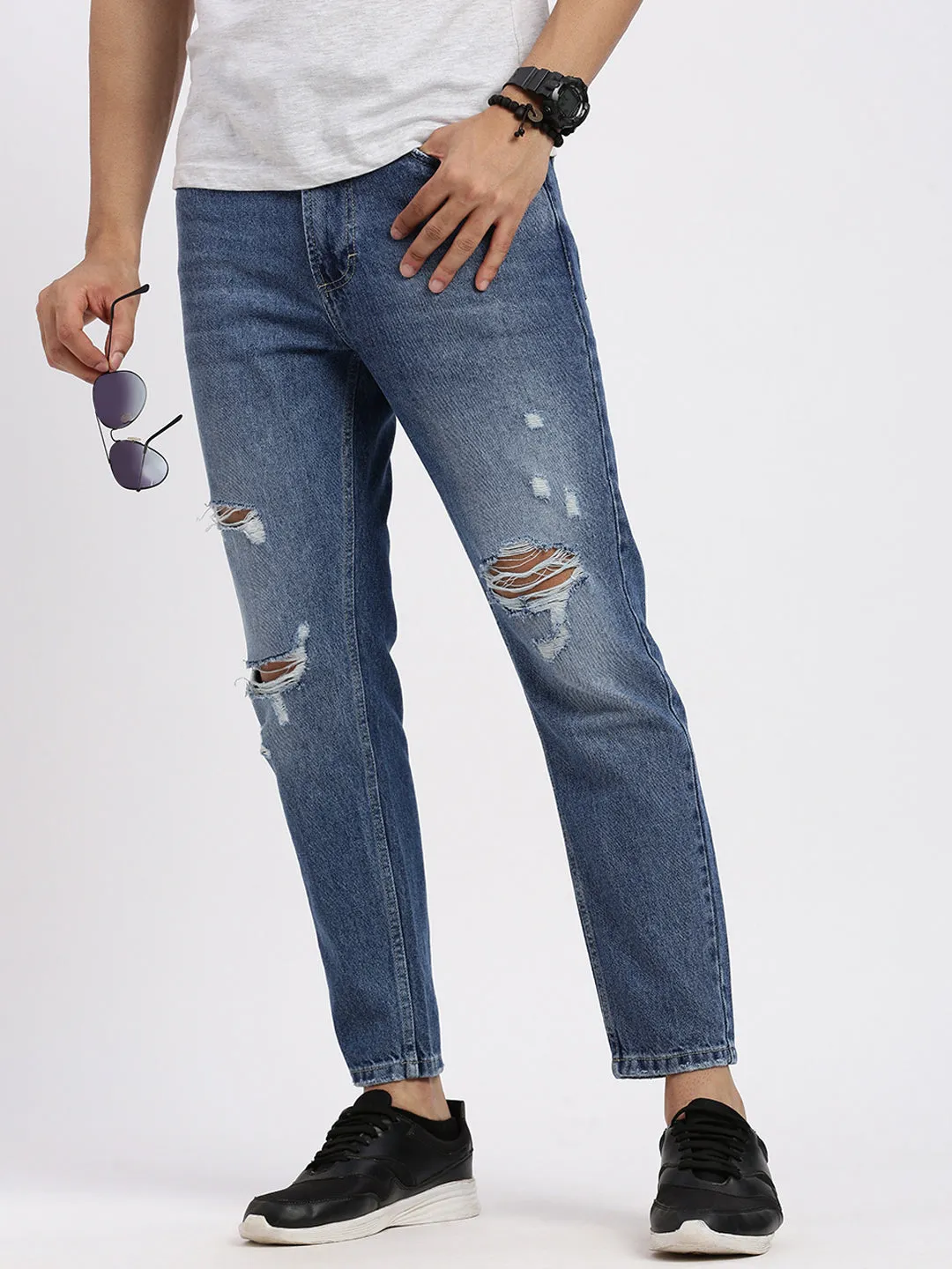 Men Blue Comfort Low-Rise Highly Distressed Heavy Fade Acid Wash Jeans