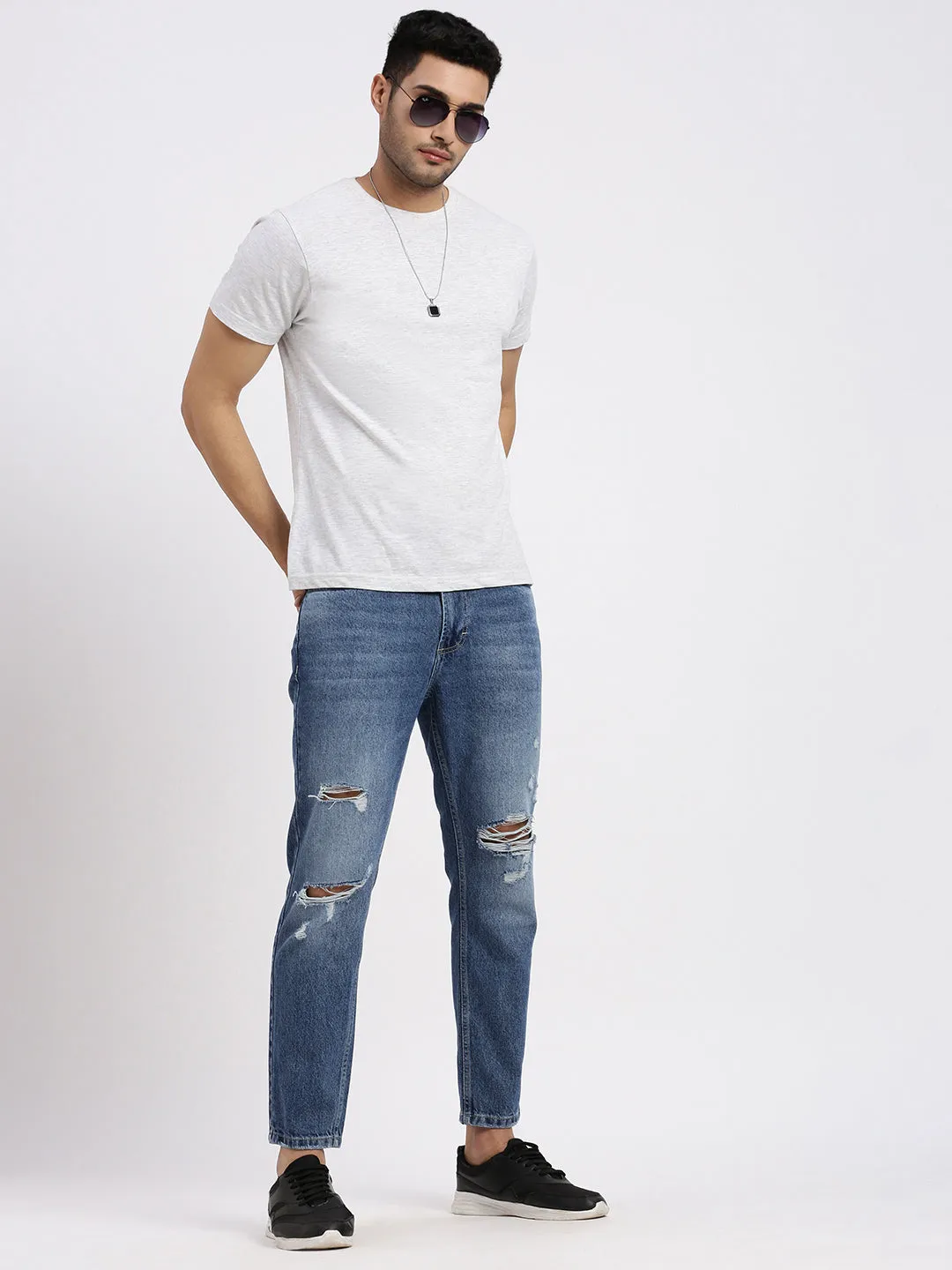 Men Blue Comfort Low-Rise Highly Distressed Heavy Fade Acid Wash Jeans