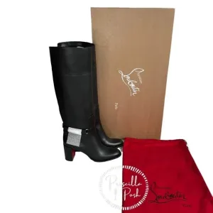 NEW Christian Louboutin Black Lock 70 Leather Knee-high Boots Tall Block heel chunky 37.5
