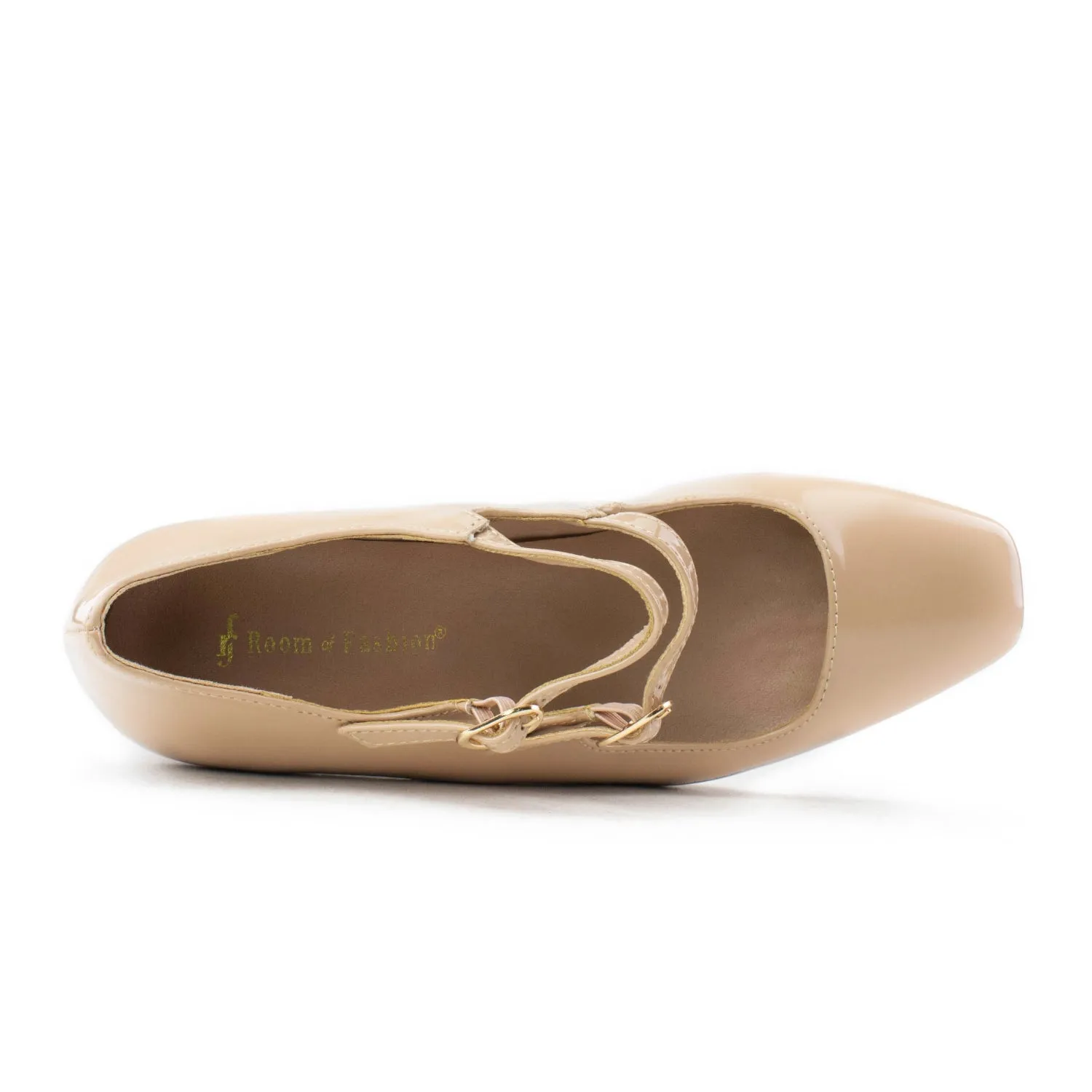 "Wide Width" Square Toe Medium Chunky Heel Mary Jane Pumps NUDE PATENT