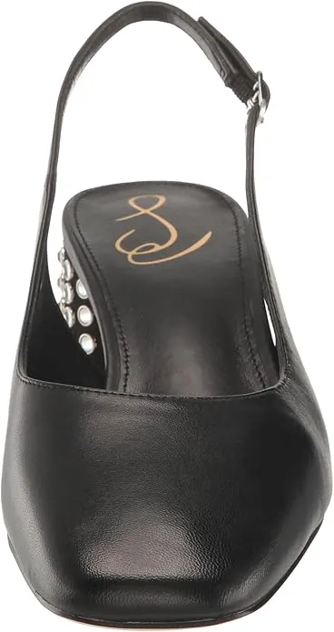 Sam Edelman Terra Black Leather Gem Slingback Strap Square Toe Block Heeled Pumps