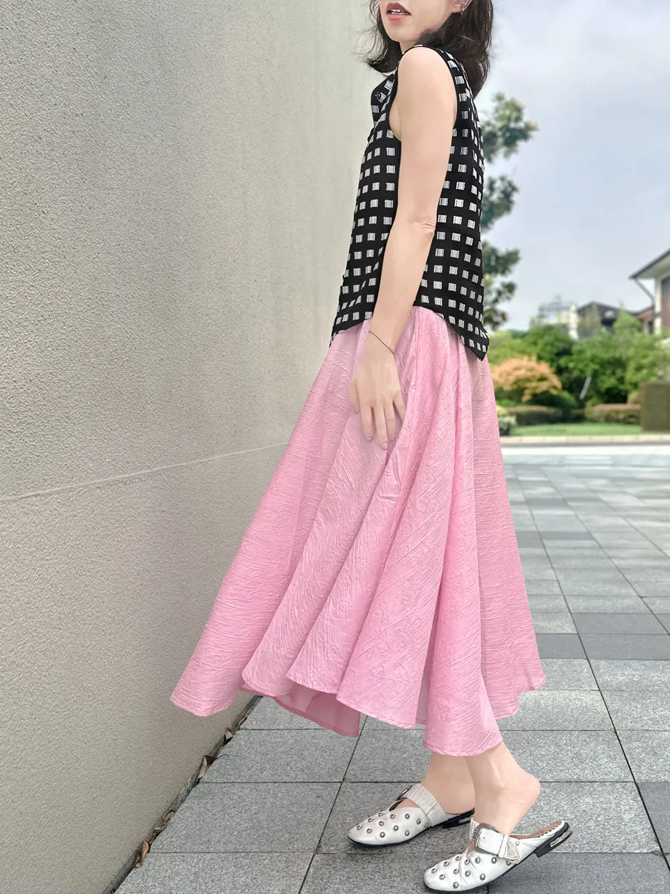 Soft Pink Luxurious Textured Elastic Waist Flare Skirt
